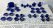 38 Vintage Ceramic Cobalt Blue Mini Dollhouse Soup Dishes Tea Tray Bowls Plates