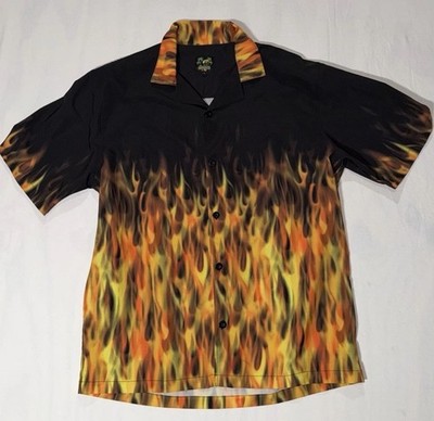 Benny's Hawaiian Shirt Men's size L Black Orange Flames Aloha Bowling Casual