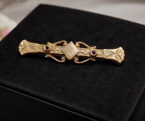 Late Victorian Antique Bar Pin Brooch Gold Filled Ornate w Bezel Set Red Stones