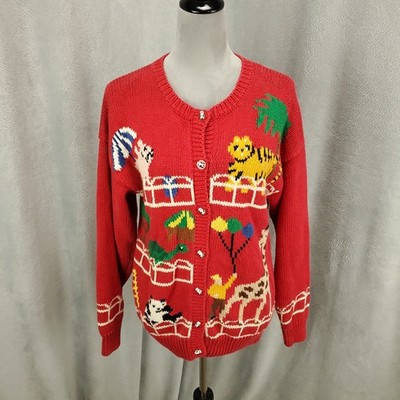 Vintage Zoo Animals Sweater Womens Large Red Cardigan Cats Carnival Girrafe