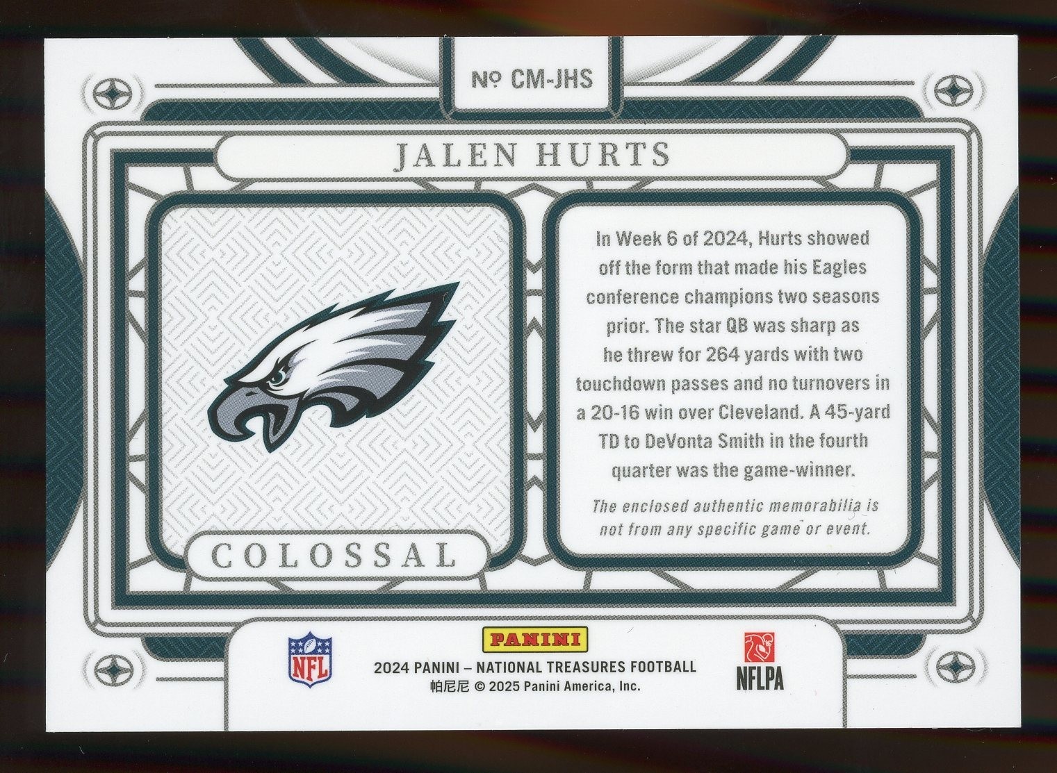 2024 Panini National Treasures Jalen Hurts 1/1 Nike Logo Colossal Patch Eagles view 2