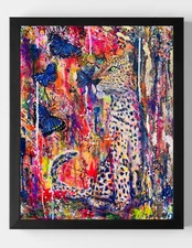 GUAJARDO Original Expressionism Neon Butterflies Leopard 16X20 Canvas Signed Art