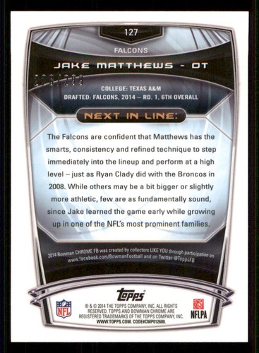 2014 Bowman Chrome Black Refractors #127 Jake Matthews /299 - Picture 2 of 2