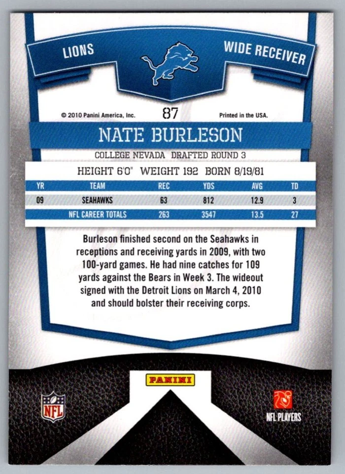 2010 Donruss Elite Nate Burleson Detroit Lions #87 - Image 2 of 2