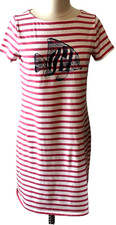Talbots T-Shirt Dress M White w/ Pink Stripes Fish Graphic Boat Neck S/S Beachy