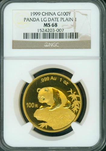 1999 LARGE DATE Plain 1 GOLD PANDA NGC MS68 CHINA 100Y 100Yn 100 Yuan 1 Oz.