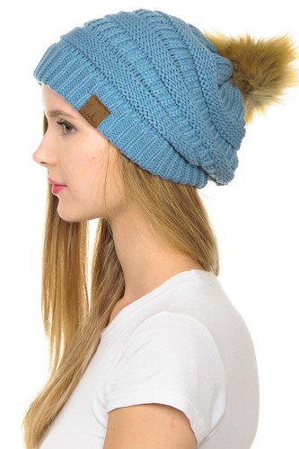 C.C Hat-43 Thick Warm Cap Hat Skully Faux Fur Pom Pom Cable Knit Beanie - Picture 33 of 166