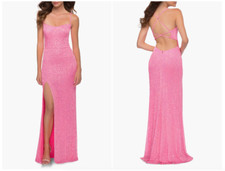 LA FEMME SEQUIN STRAPPY BACK NEON PINK GOWN sz 0