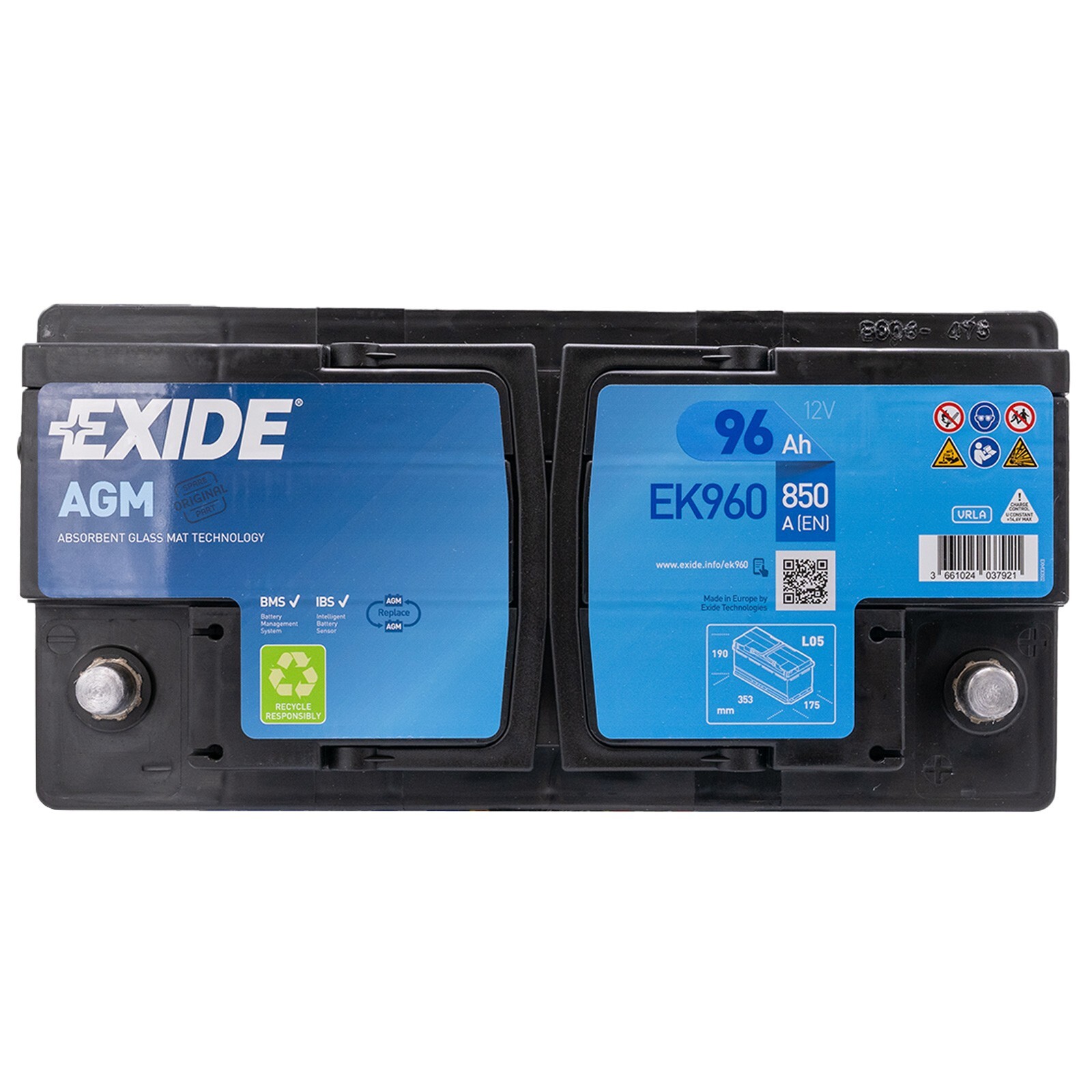Batteria Auto Exide Ek960 Start Stop AGM 12V 96ah 850en Positivo +dx = Vr850 - Miniatura 4