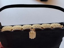 Quality Vintage 1960's Black Satin Evening Bag Hinged Closure Rhinestones Pearls