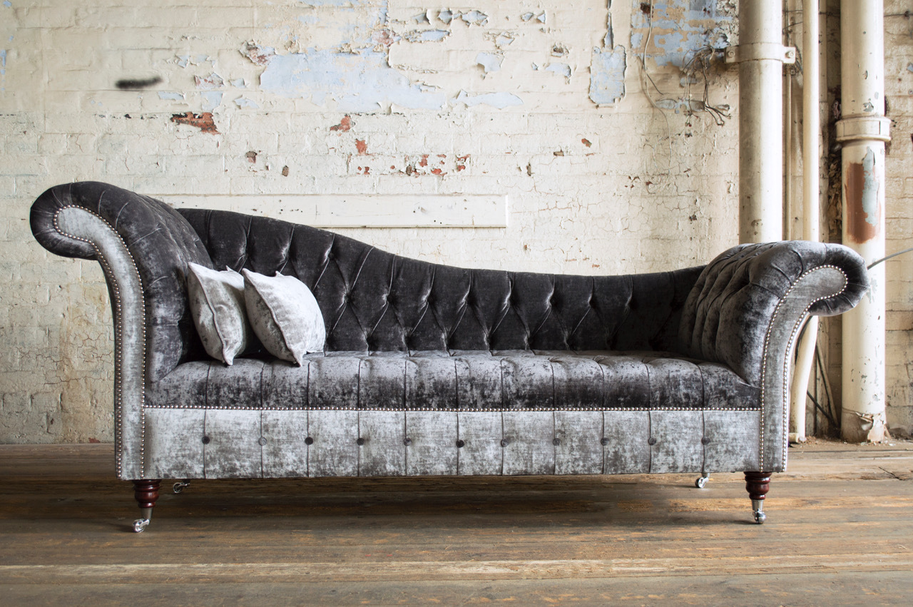 HANDMADE SILVER & GREY LUXURY CRUSHED VELVET CHESTERFIELD CHAISE LONGUE