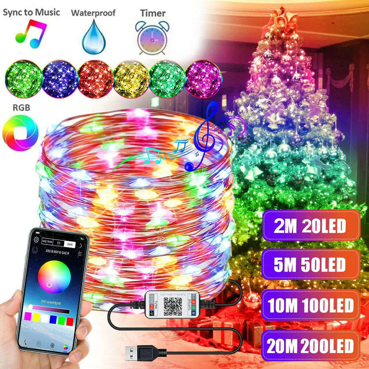 Christmas LED Tree Decoration RGB String Lights Bluetooth App Remote  Control USA