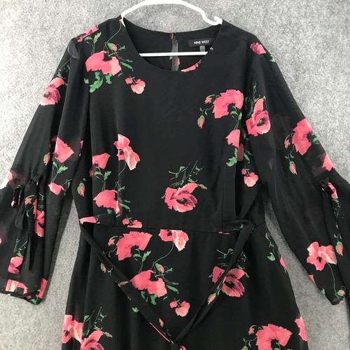 Nine West Day Dress Size 14 Black Pin Rose Print Lightweight Belted Sheer Sleeve - Picture 3 of 13