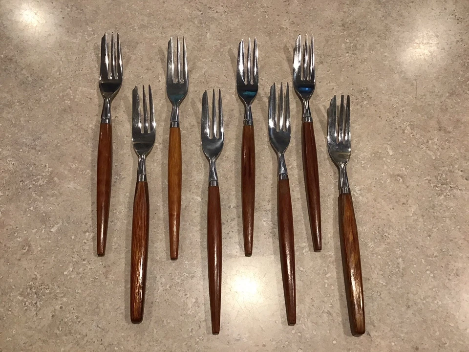 8 Vintage Teak Handle Pastry Forks Holland MCM stainless Flatware - Image 2 of 2