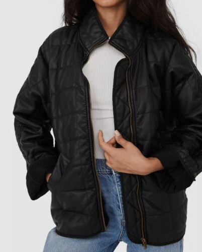 Chaqueta Abrigo Free People Para Mujer Negra Acolchada Imitación Cuero Talla M, se ajusta como L Foto 3 de 3
