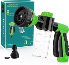 High Pressure Garden Hose Nozzle 8 Spray + Soap Dispenser 3.5oz