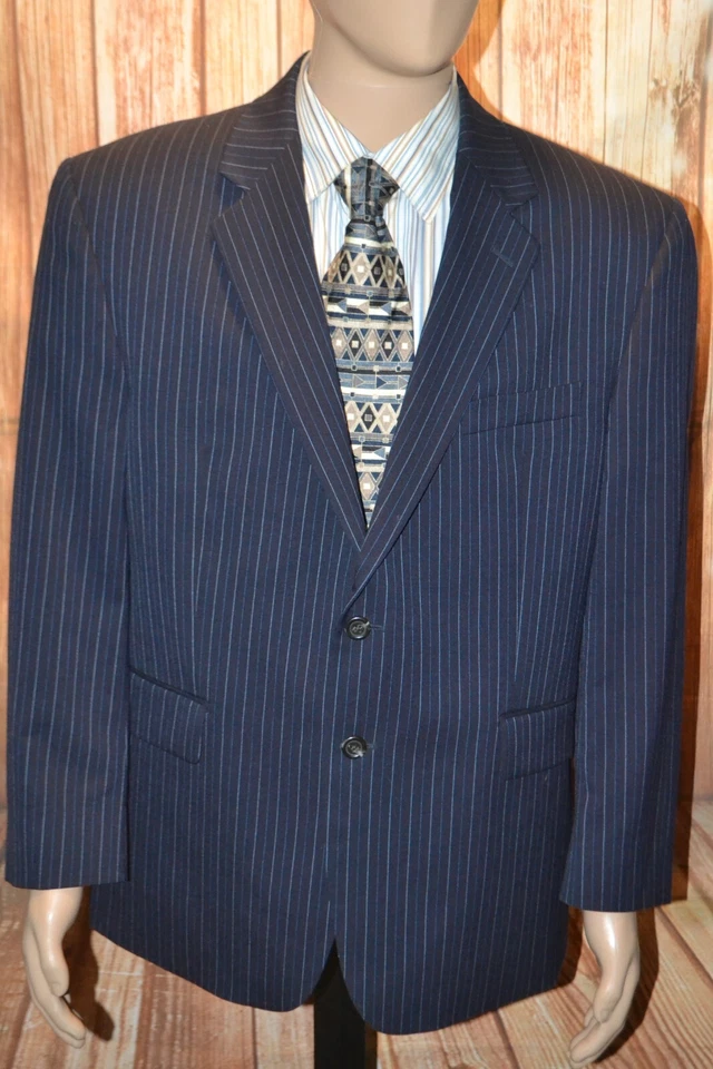 Chaps Men Wool Pinstriped Navy Blue 2 Front Button Suit Sz 44SH Wst 34x28 - Image 3 of 4