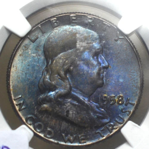 1958 FRANKLIN SILVER HALF DOLLAR | NGC MS66 | BLUE TONING