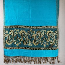 Vintage Pashmina Scarf Wrap Turquoise Gold Paisley Border Fringe 27in x 70in