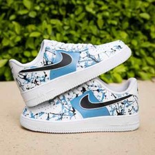 Air Force 1 Custom White Casual Shoes Cobalt Blue Splash Black Swoosh Splatter