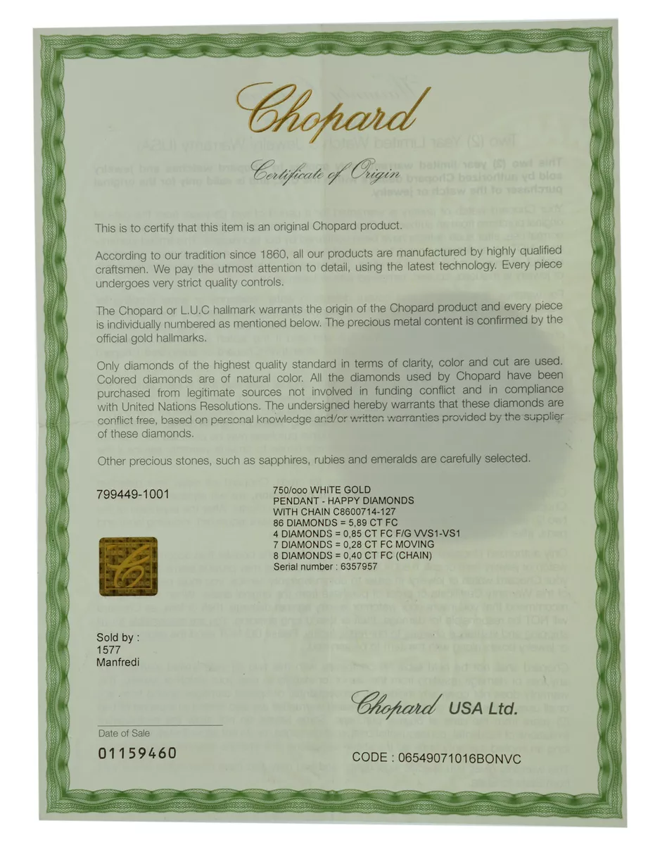 Chopard Certificate of Origin for Happy Sport 799449 1001 Pendant