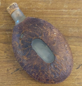 Vtg Antique Small Brown Leather Covered Glass Flask Bottle 4.5" Very Unique!