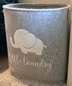 Gray Felt Round Laundry Hamper Basket w/ Handles, Elephant Pattern, Freestanding