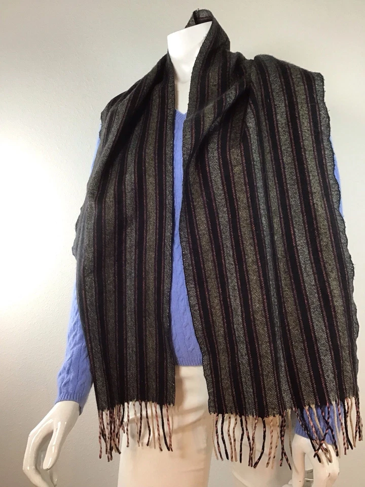 Bufanda 100 % cachemir hecha en Escocia negra/gris patrón de rayas mulvti Foto 2 de 4