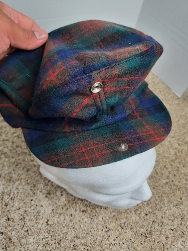 Vintage Pendleton Newsboy Hat Cap Blue Plaid Wool Snap Bill Cabbie - Picture 4 of 7