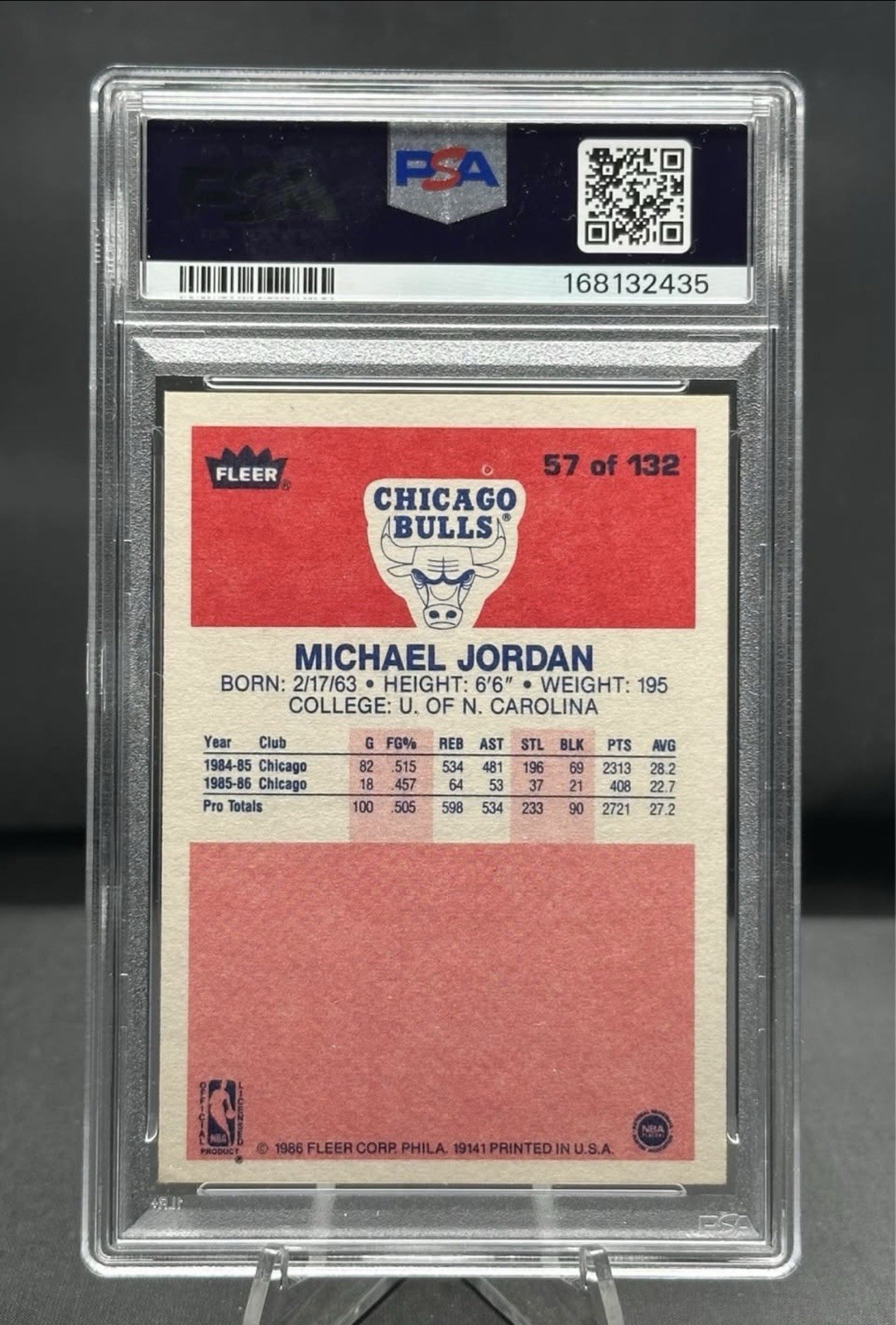 1986-87 Fleer Michael Jordan Rookie RC #57 PSA 6 - SHARP CORNERS & COLORING view 2