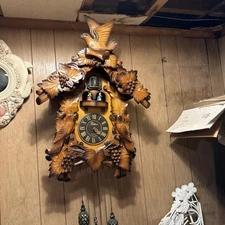 The Time Co. Large Walnut Cuckoo Clock Wood Carving Birds Box ~ Missing Hand