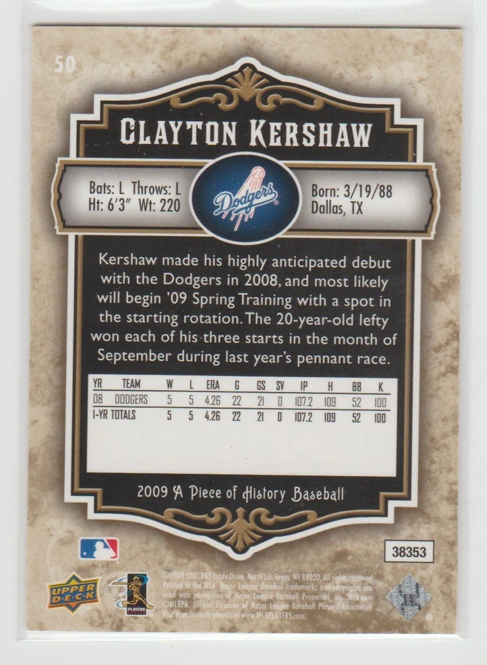 CLAYTON KERSHAW 2009 Upper Deck Piece of History GOLD #50 SP 36/50 SSP /50 WOW - Image 2 of 2