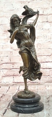 Handmade Bronze Flower Girl Statue Cesaro Lost Wax Marble Base Art Decor