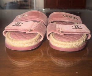 CHANEL Pink Velvet Quilted Espadrille Double Strap Slide Sandals CC Logo Women's
