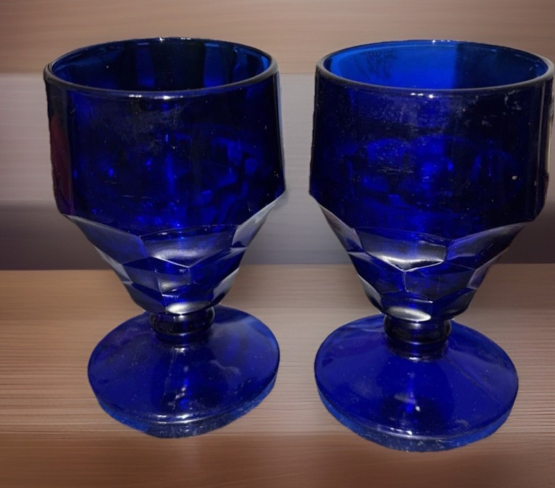 VTG 2 Georgia Cobalt Blue GOBLETS Viking 5-3/8" Low Water Elegant Glassware MINT