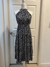 SHEIN NAVY & WHITE PRINT ELASTICATED WAIST WITH TIE BELT MAXI DRESS SIZE Small