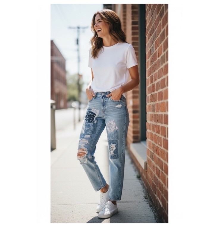 American Eagle Mom Straight Jeans Patchwork Distr… - image 1