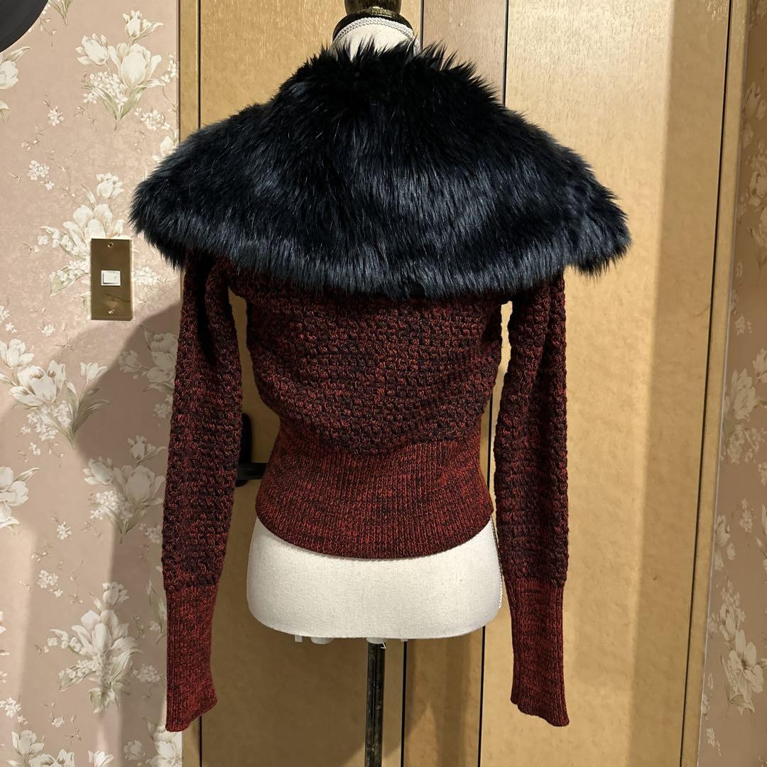 PRADA 38 Red Knit Cardigan with Blue Fur Red F/S from Japan