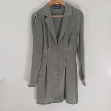 size 10 Satin mini dress shirt green sage long sleeve Plt party blazer coat