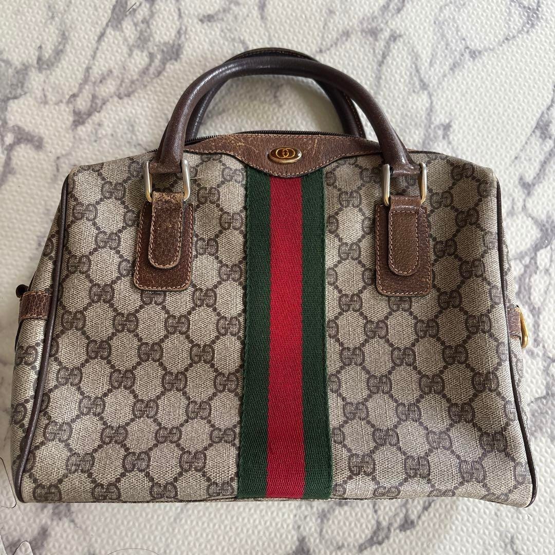 Vintage GUCCI Sherry Line GG Boston Bag in Brown Beige Leather PVC