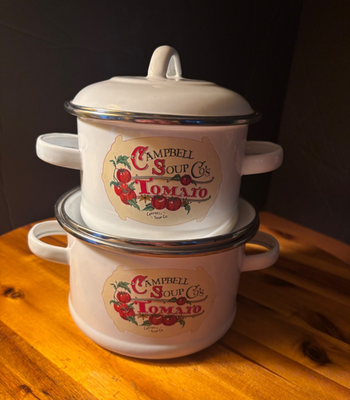 #ad Set of Gibson Campbell Soup 1991 Vintage White Enamel Pots w Lids small 4” amp; 5 $33.00