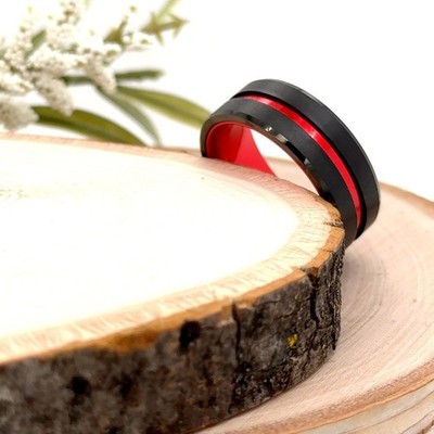 8mm Red Tungsten Carbide Band Unisex Dual Black Stripes Modern Engagement Ring