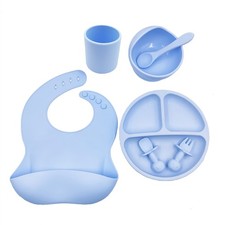 6pc Silicone Baby Feeding Set - Toddler Suction Plate Bowl Bib Cup Spoon Fork