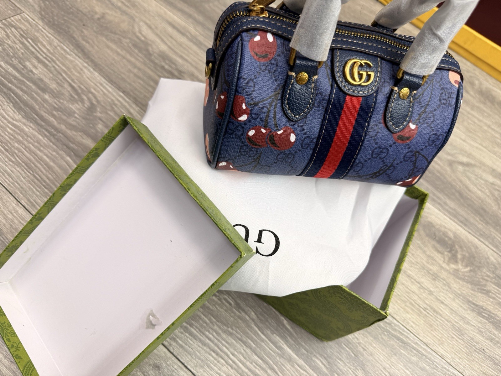 Gucci Blue GG Mushroom Print Mini Top Handle Bag Zip Detachable Strap