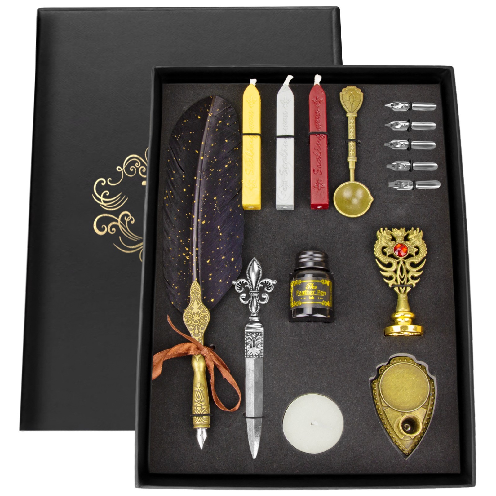 Quill & Ink Wax Stamp Set - Feather Pen Antique, Wax Stamp Set In A Gift Box