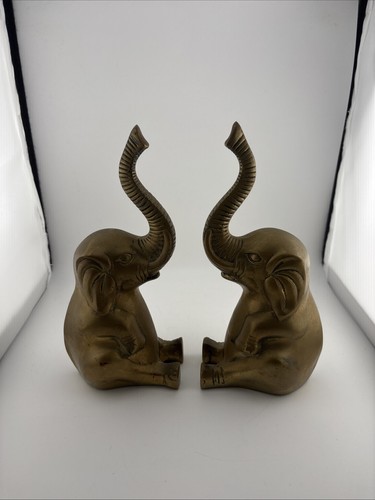 Beautiful Vintage Set Of Brass Elephant Bookends Truck Up Korea