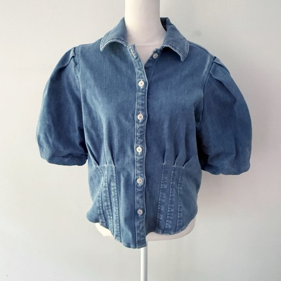 #ad Express Women Denim Puffed Sleeve Button Down Top Large Cottage Prairie Boho $32.00