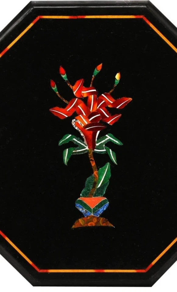 15" Octagonal Black Floral Marble Table with Inlay – Handmade Geometric Art - Image 2 of 4