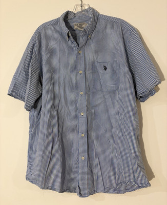 U.S. POLO ASSN. Men's L Blue White Check Short Sleeve Cotton Button-Down Shirt