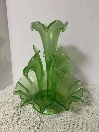 Fenton Springtime Green Iridized Carnival Stretch Large 5 Pc Epergne